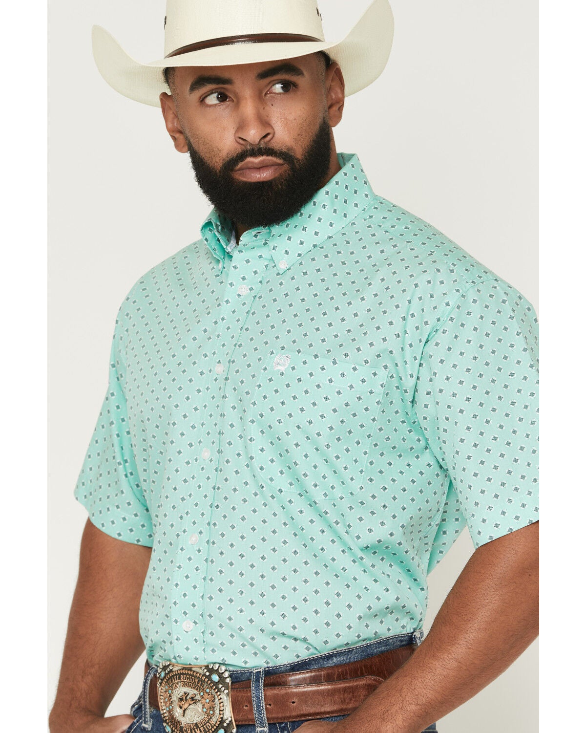 Image #2 - Cinch Men's Geo Print Short Sleeve Button-Down Western Shirt, Turquoise, hi-res
