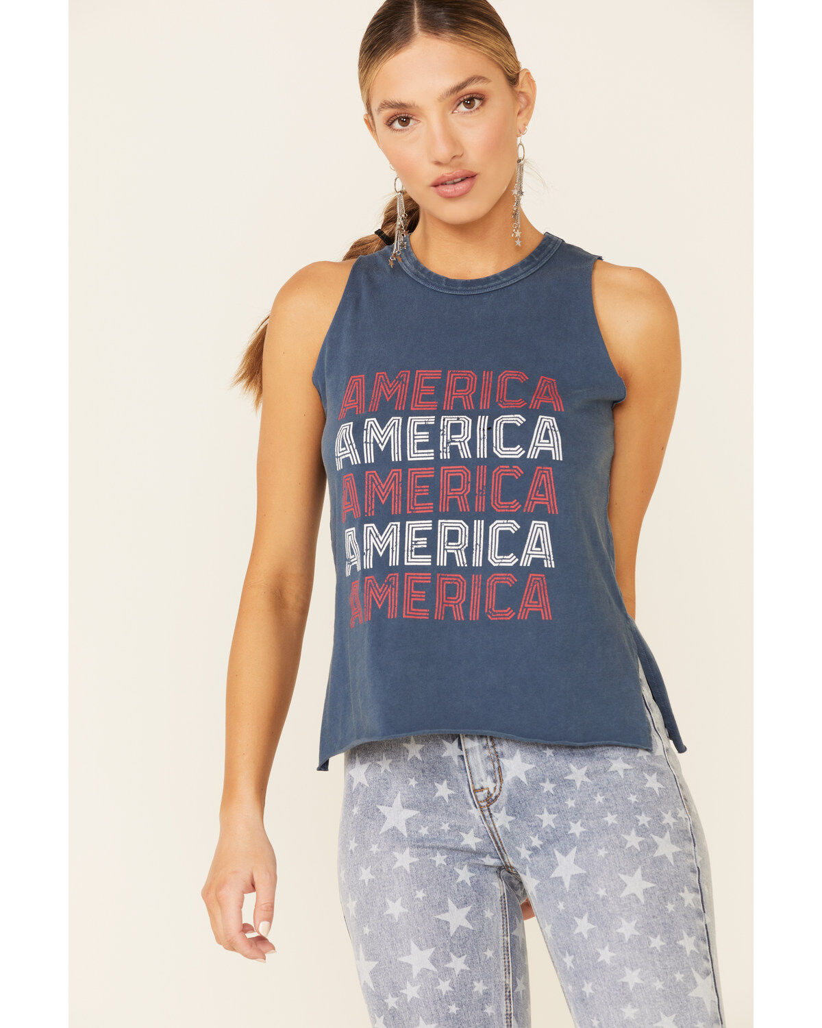 Image #1 - Rock & Roll Denim Women's Navy America Graphic Tank Top, Navy, hi-res