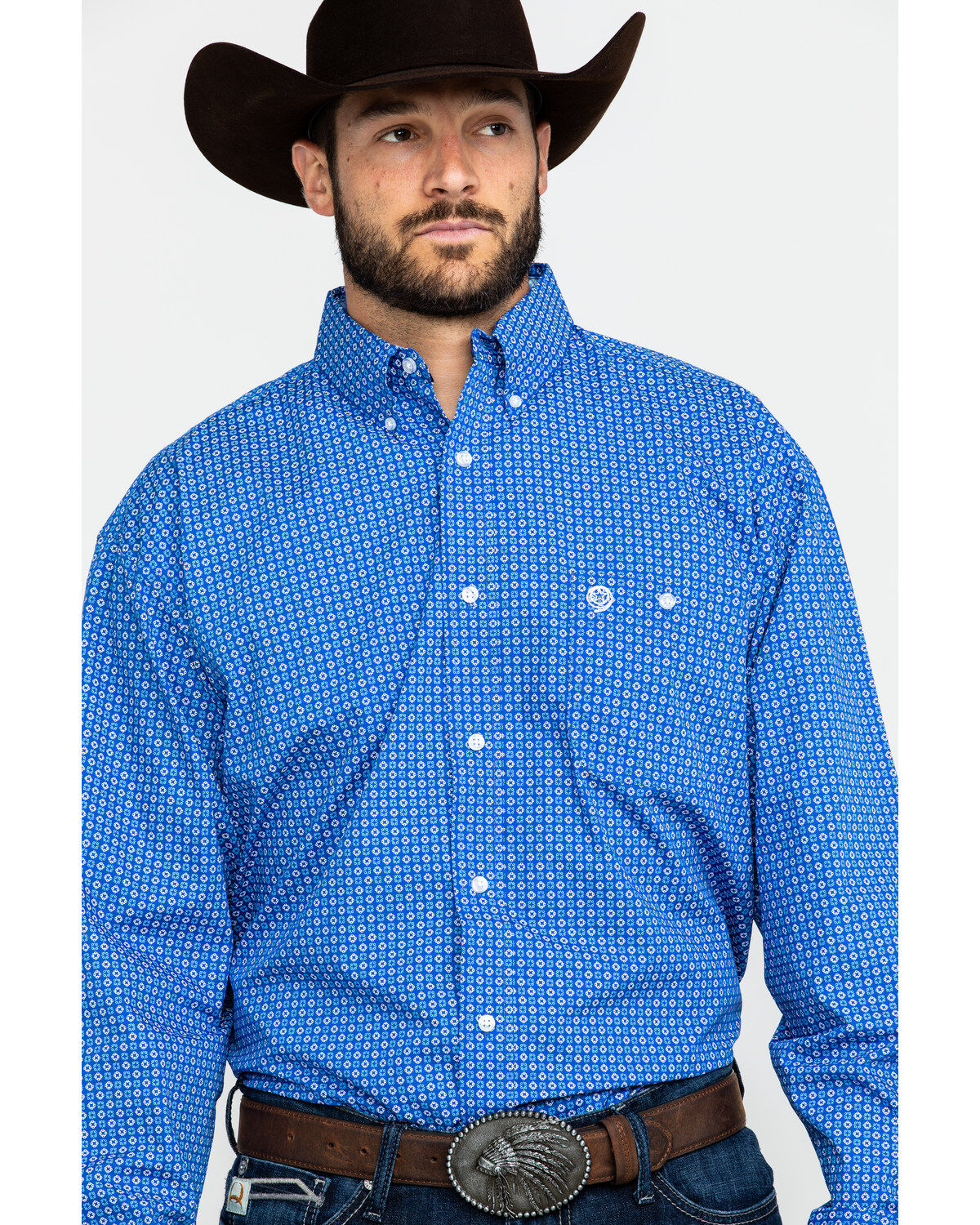 Image #1 - George Strait by Wrangler Men's Royal Blue Geo Print Long Sleeve Western Shirt , , hi-res