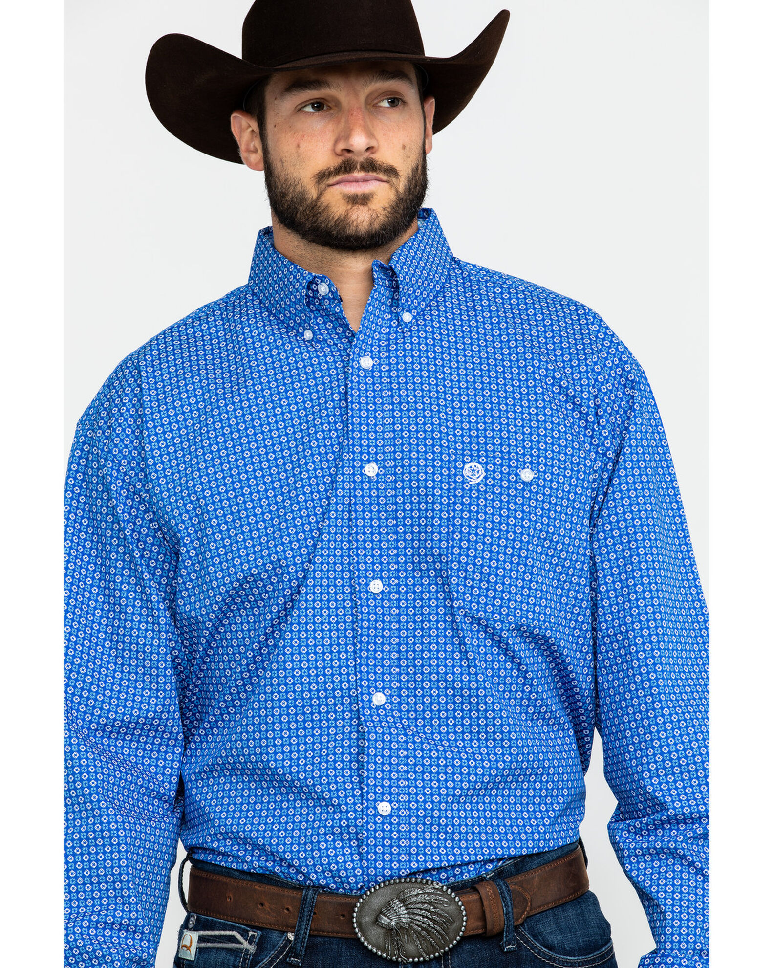George Strait by Wrangler Men s Royal Blue Geo Print Long Sleeve Western Shirt