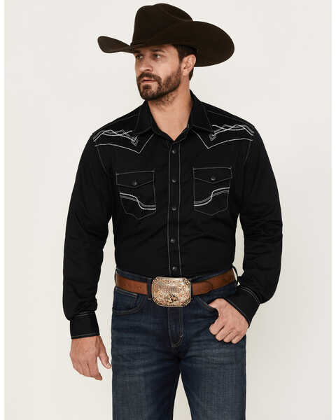 Rock 47 By Wrangler Men's Solid Embroidered Long Sleeve Snap Western Shirt , Black, hi-res