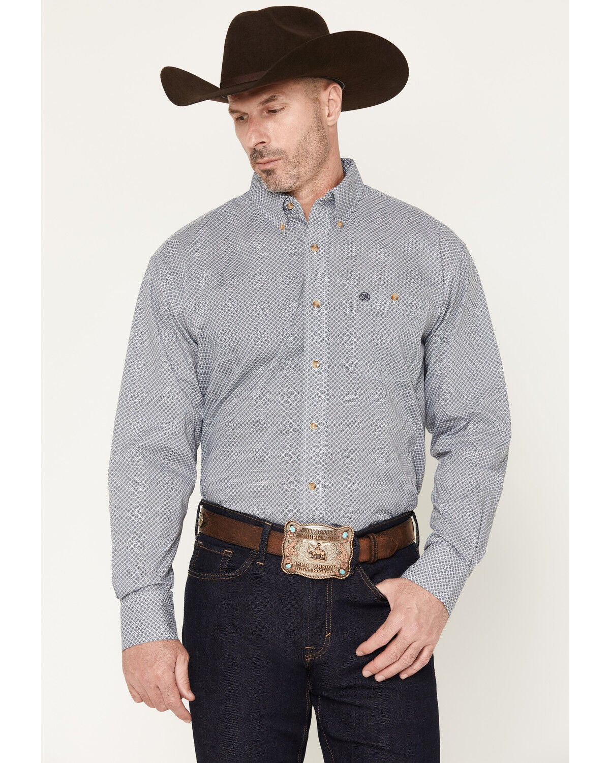 Image #1 - Wrangler Men's Geo Print Long Sleeve Button-Down Western Shirt - Tall, Teal, hi-res