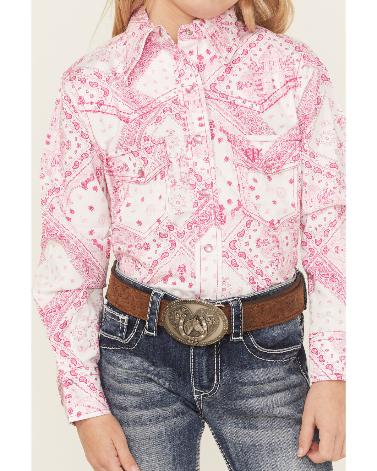 Image #3 - Cowgirl Hardware Girls' Bandana Print Long Sleeve Pearl Snap Stretch Western Shirt, , hi-res
