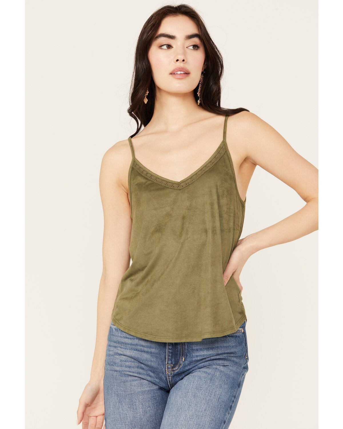 Shyanne Women's Crochet Lace Faux Suede Cami Top, Olive, hi-res