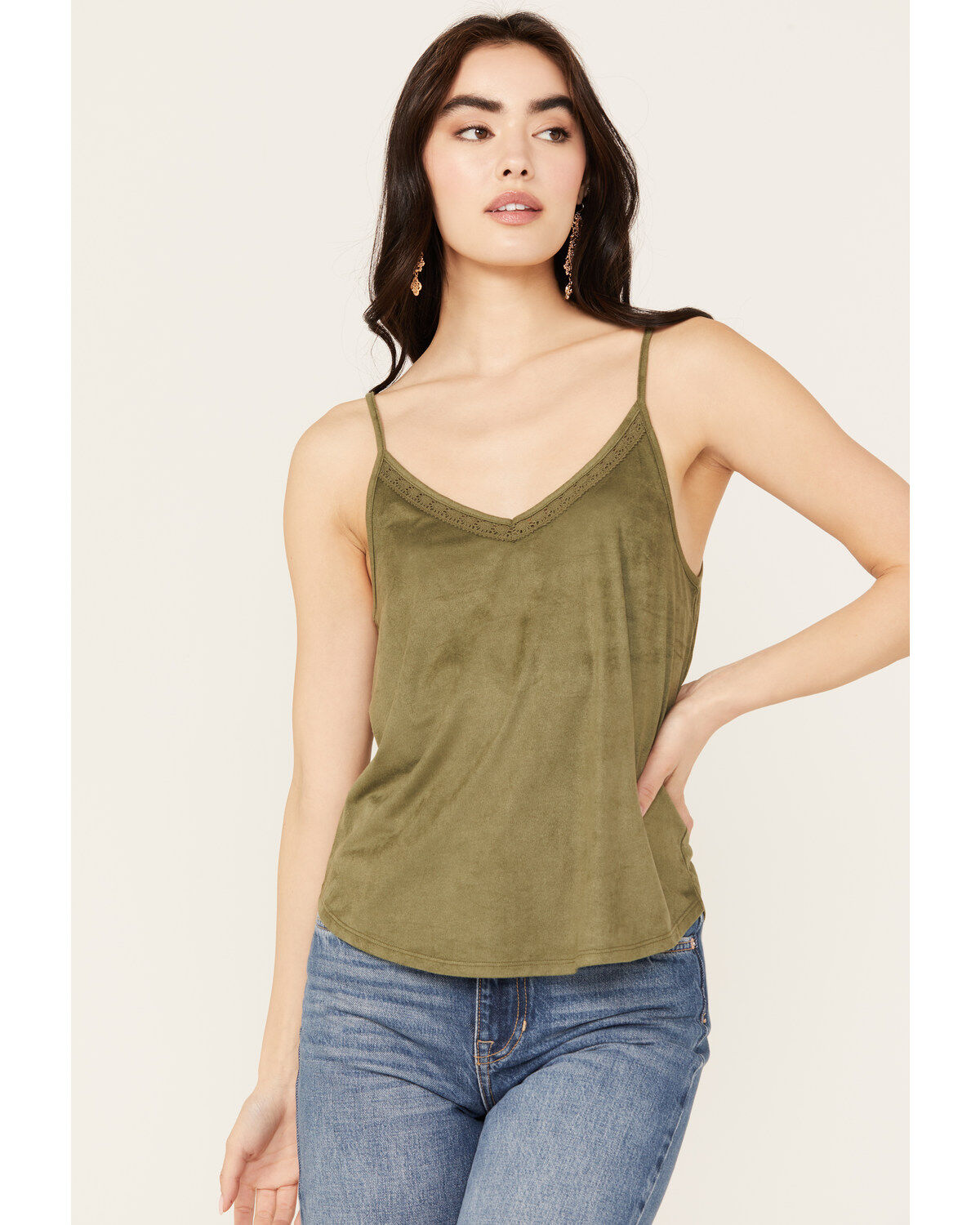 Image #1 - Shyanne Women's Crochet Lace Faux Suede Cami Top, Olive, hi-res