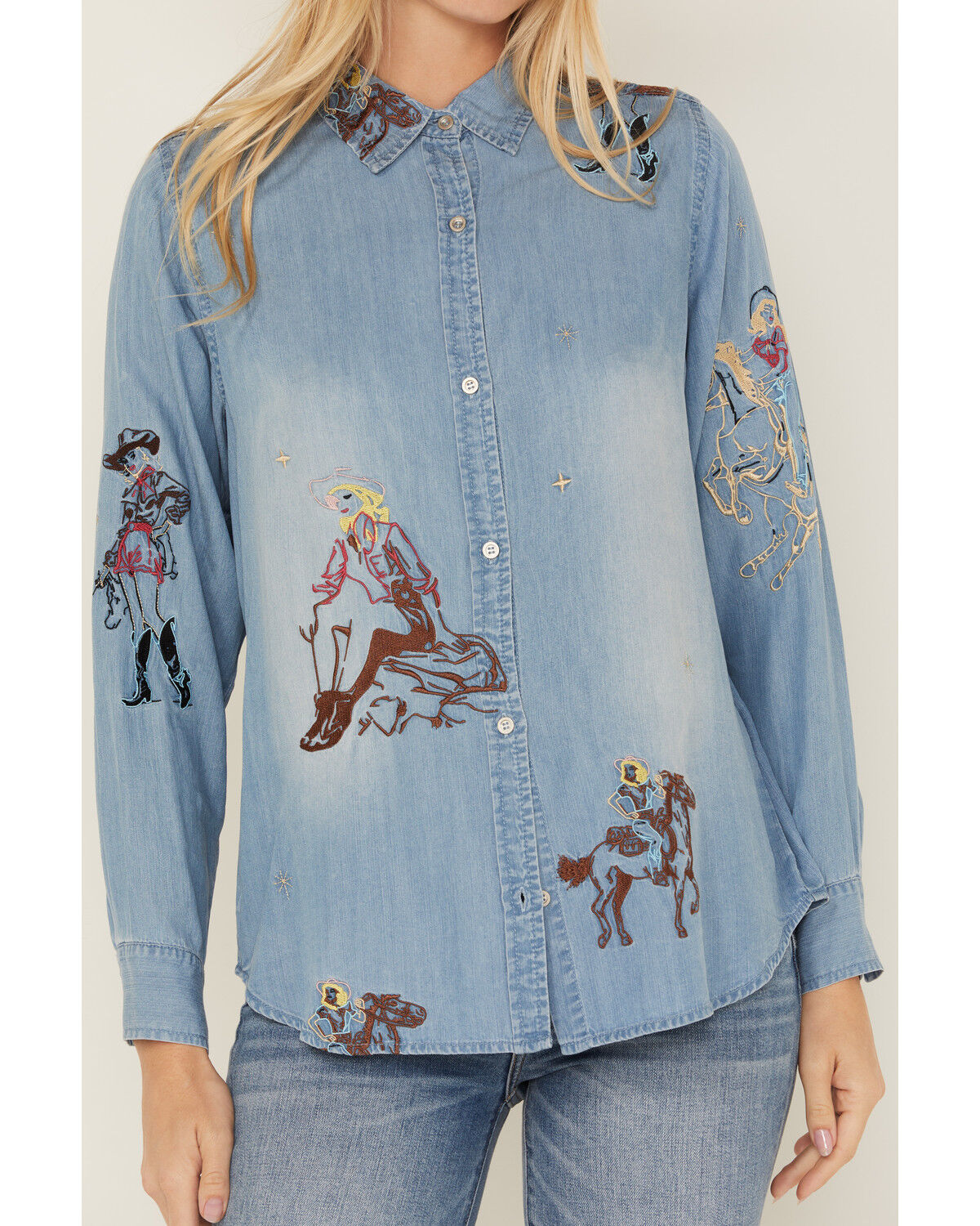 Image #3 - Blue B Women's Cowgirl Embroidered Long Sleeve Button-Down Denim Shirt, , hi-res