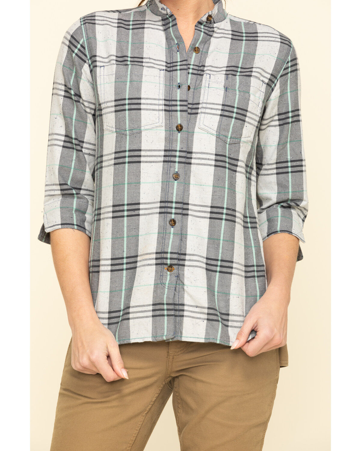 Image #4 - Carhartt Women's Twilight Relaxed 3/4 Sleeve Plaid Shirt, Dark Blue, hi-res
