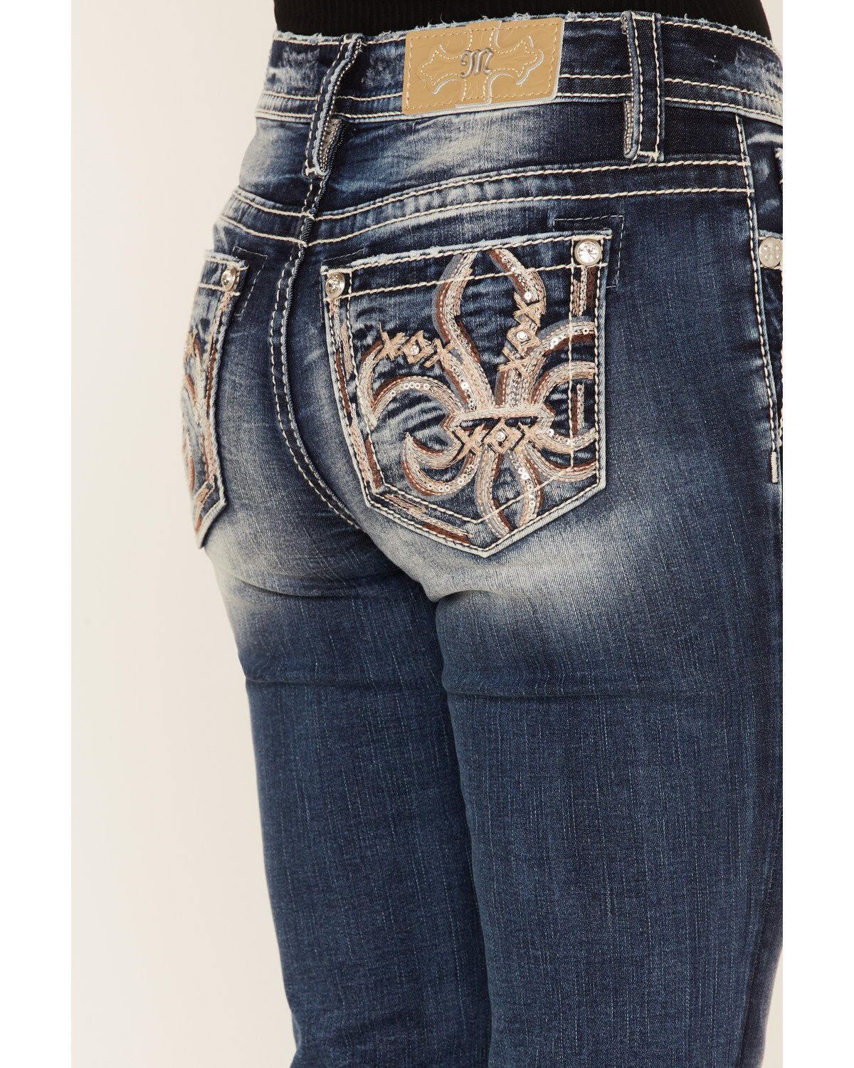 Image #2 - Miss Me Women's Medium Wash Mid Rise Embroidered Sequin Bootcut Stretch Denim Jeans, , hi-res