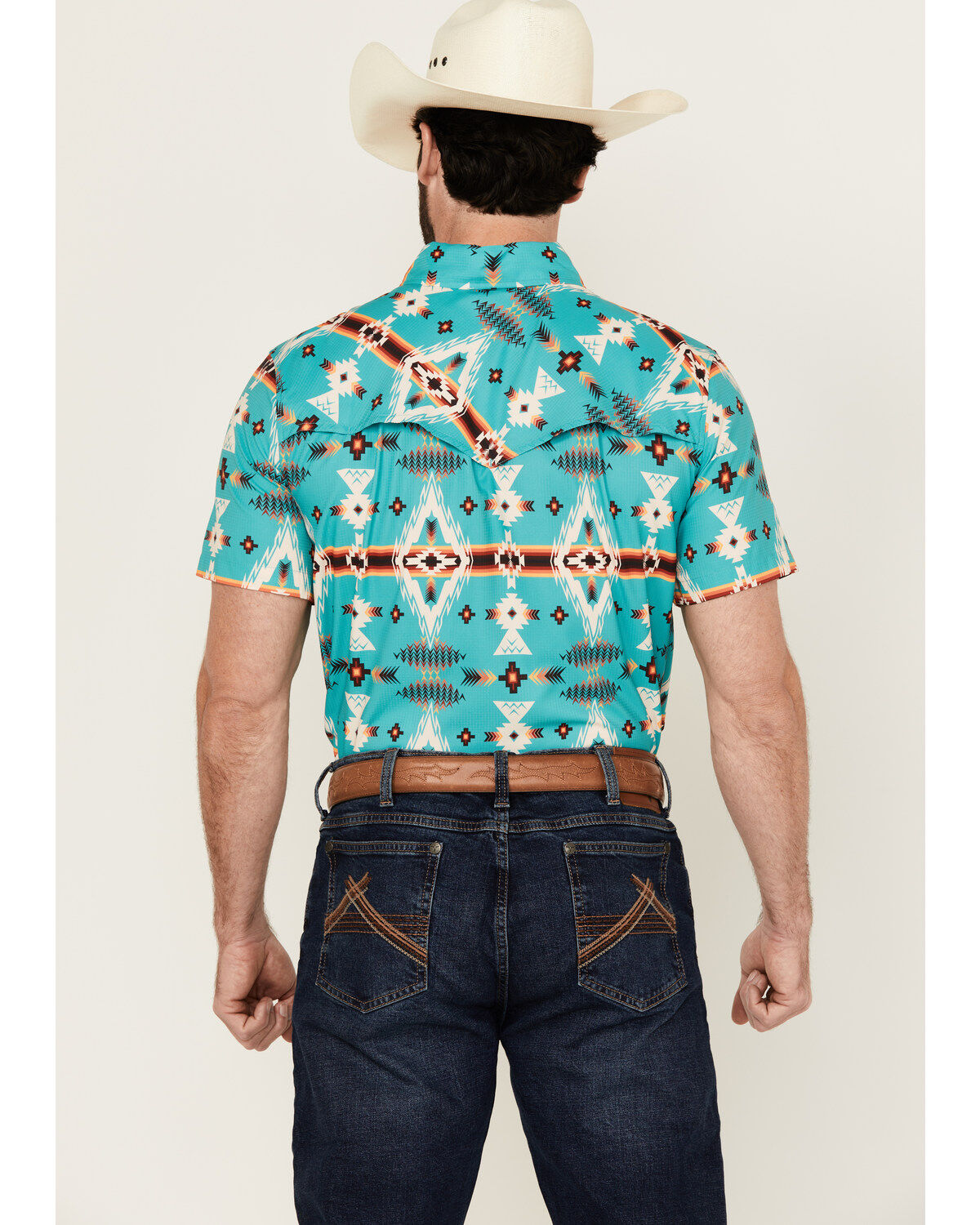 Image #4 - Rock & Roll Denim Men's Tek Southwestern Print Short Sleeve Snap Western Shirt, Turquoise, hi-res