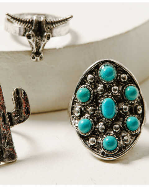 Shyanne Women's Silver & Turquoise Cactus Longhorn 3-Piece Ring Set, Silver, hi-res