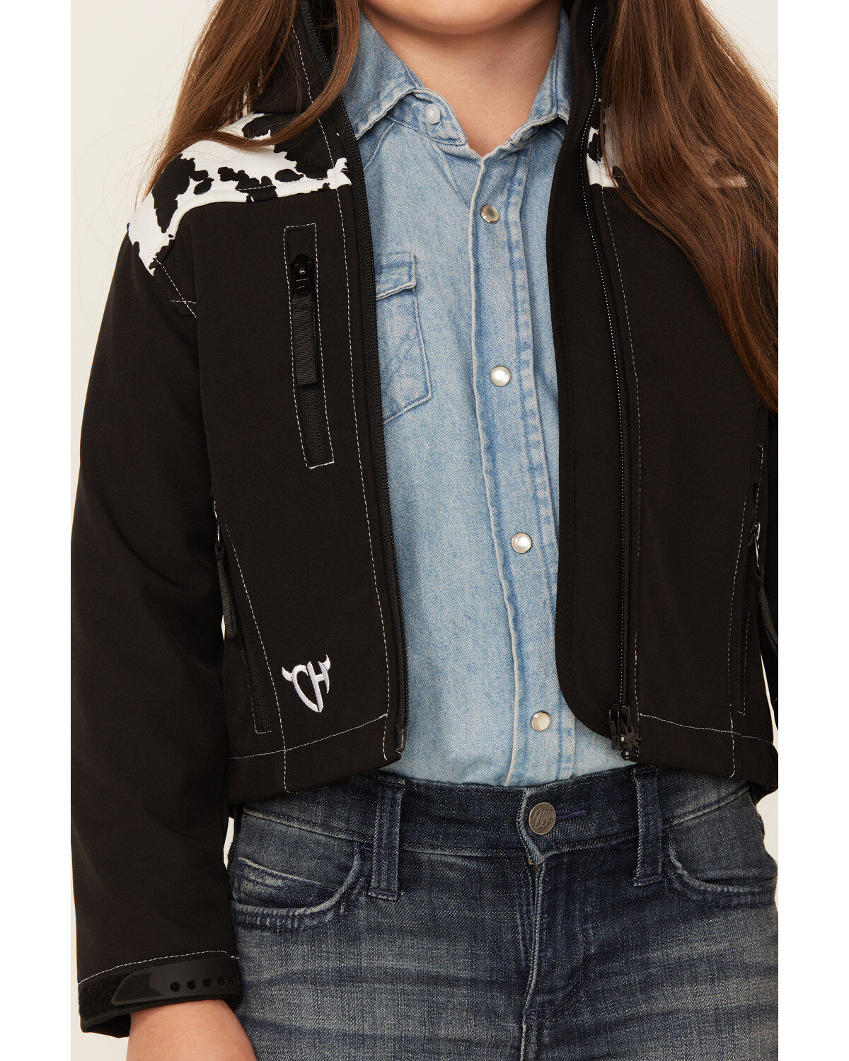 Image #3 - Cowgirl Hardware Girls' Cow Print Yoke Poly Shell Jacket, Black, hi-res