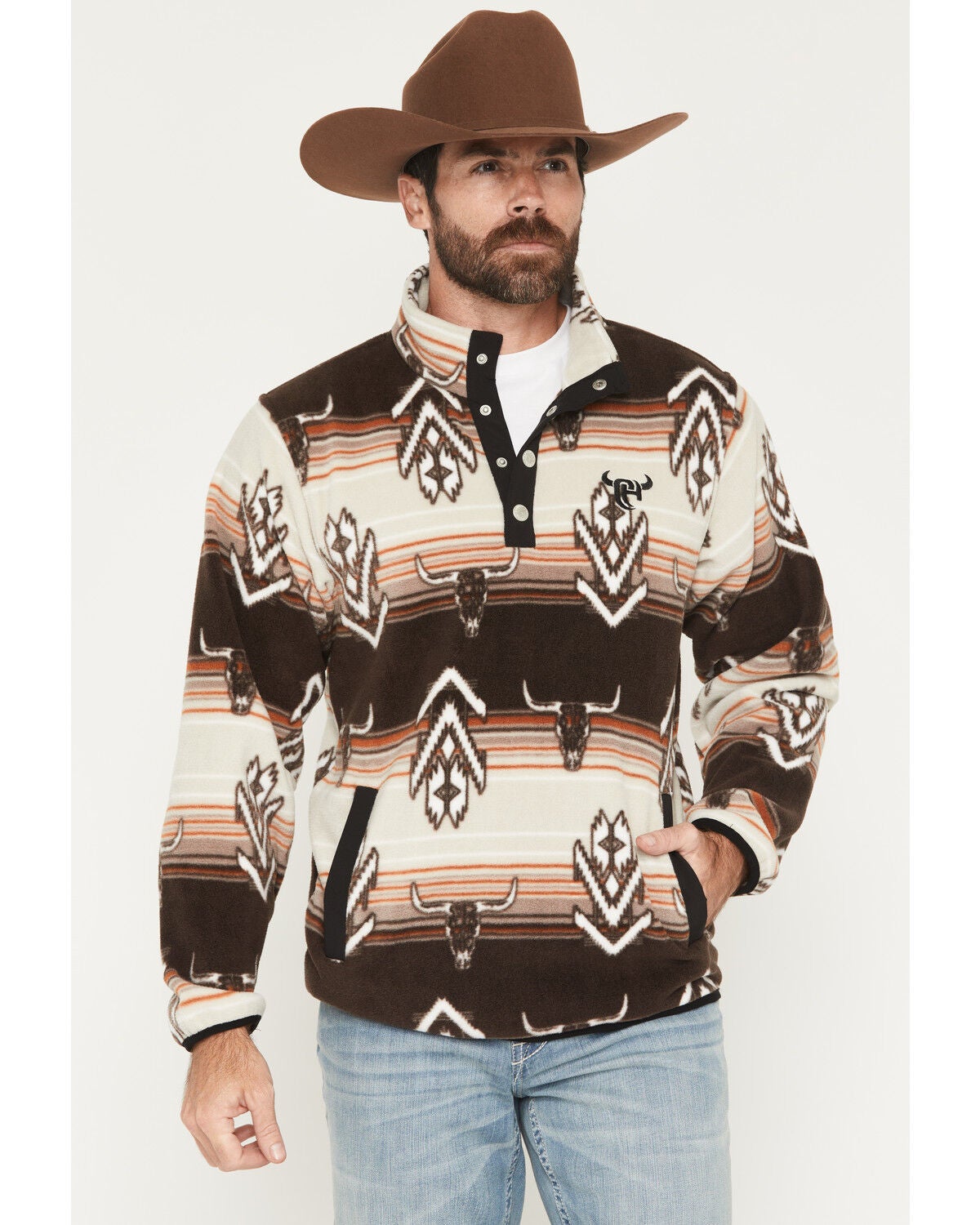 Cowboy Hardware Men's Southwestern Striped 1/4 Snap Pullover, Brown, hi-res