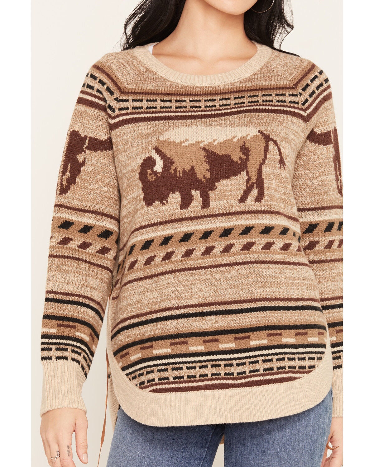 Image #3 - Cotton & Rye Women's Buffalo Print Round Bottom Sweater, Tan, hi-res