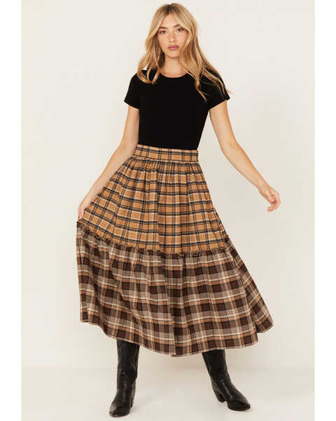 Miss Me Women's Plaid Print Tiered Midi Skirt , Brown, hi-res