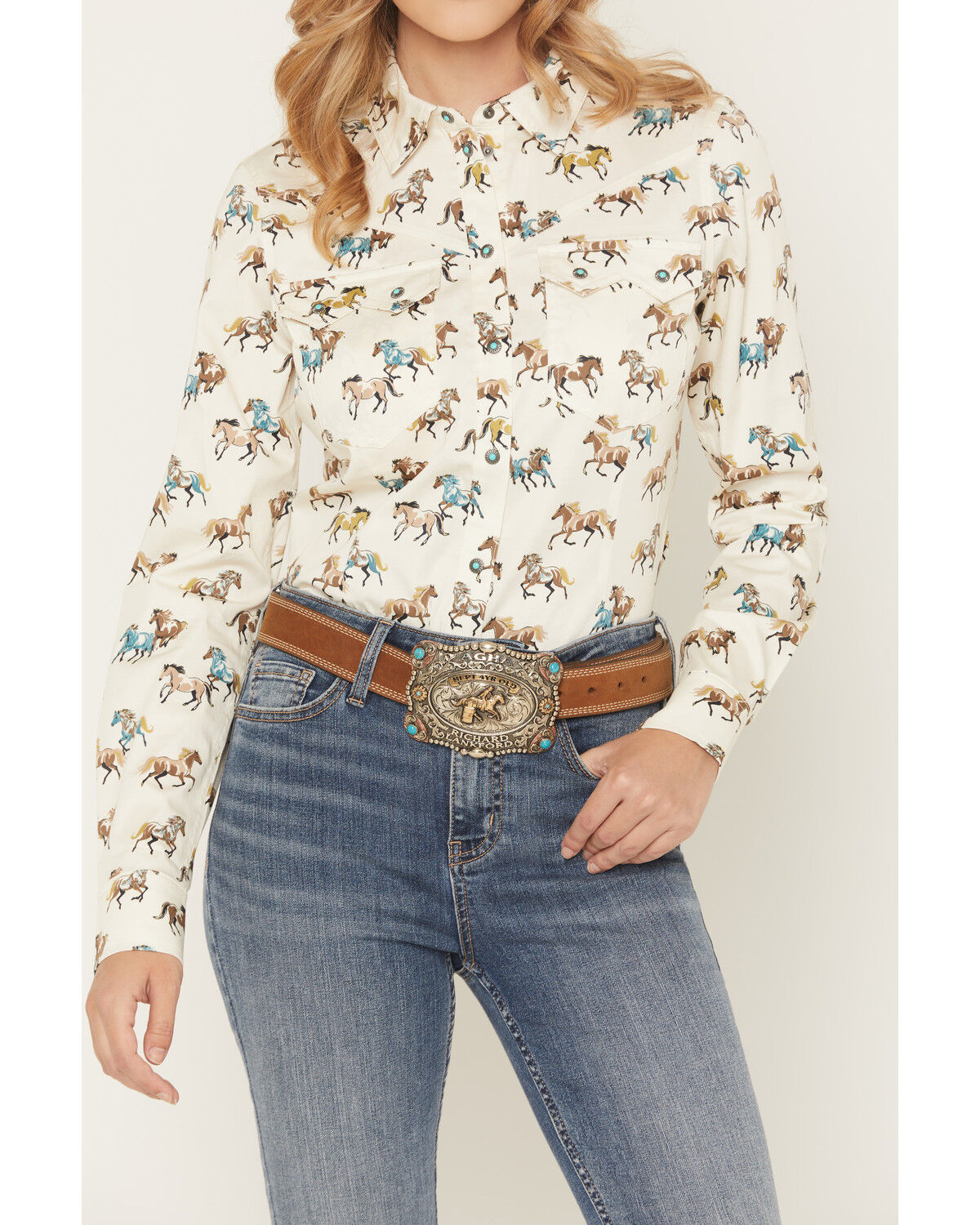 Image #3 - Shyanne Women's Horse Print Long Sleeve Snap Stretch Western Shirt, Cream, hi-res