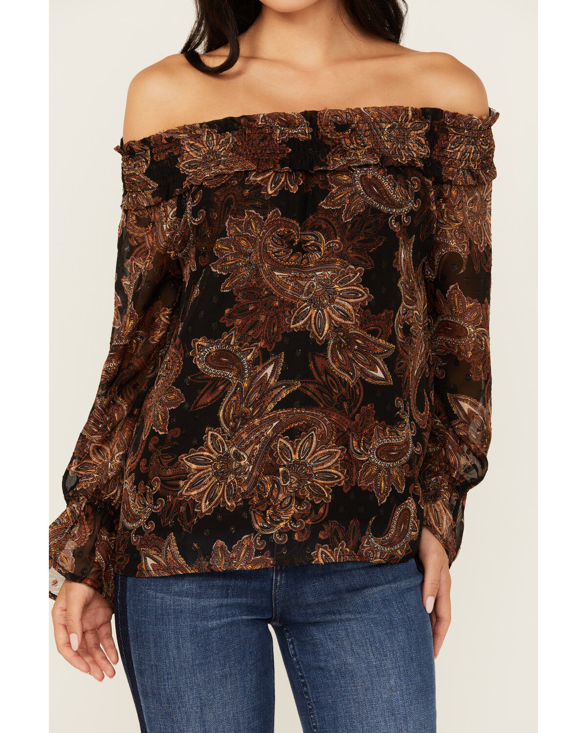 Image #3 - Wild Moss Women's Floral Pais Off The Shoulder Long Sleeve Top, Dark Brown, hi-res