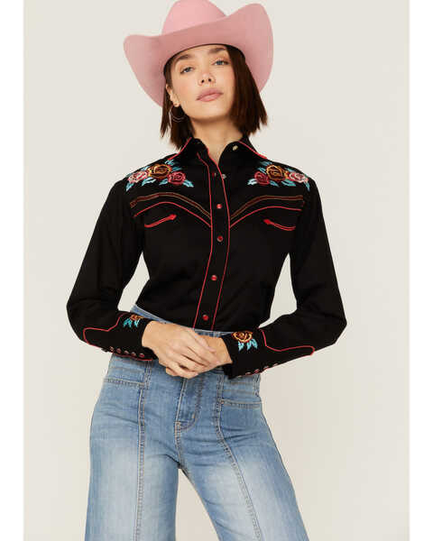 Rockmount Ranchwear Women's Vintage Rose Bouquet Embroidered Black Western Shirt, Black, hi-res