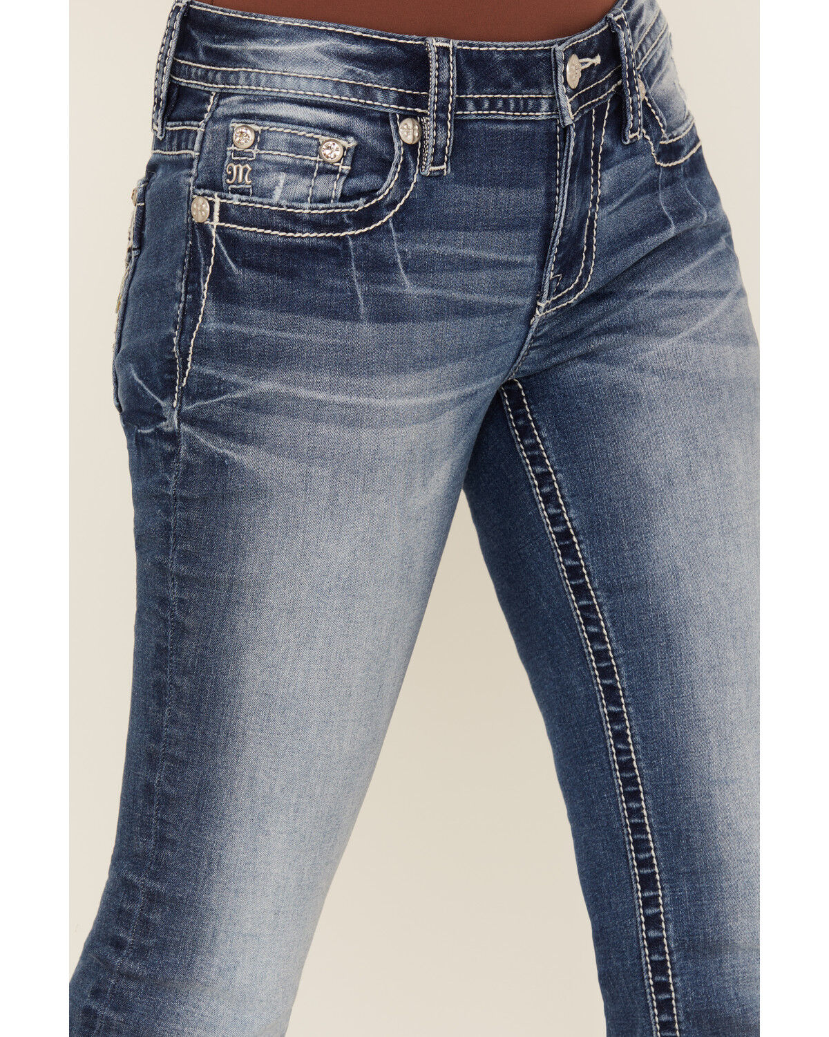 Image #4 - Miss Me Women's Medium Wash Mid Rise Winged Pocket 34" Bootcut Stretch Denim Jeans, Medium Wash, hi-res