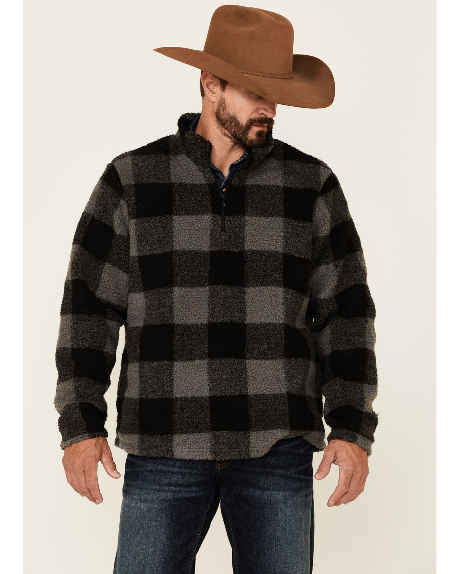 Wrangler Men s Charcoal Large Plaid 1 4 Zip Sherpa Pullover Boot Barn