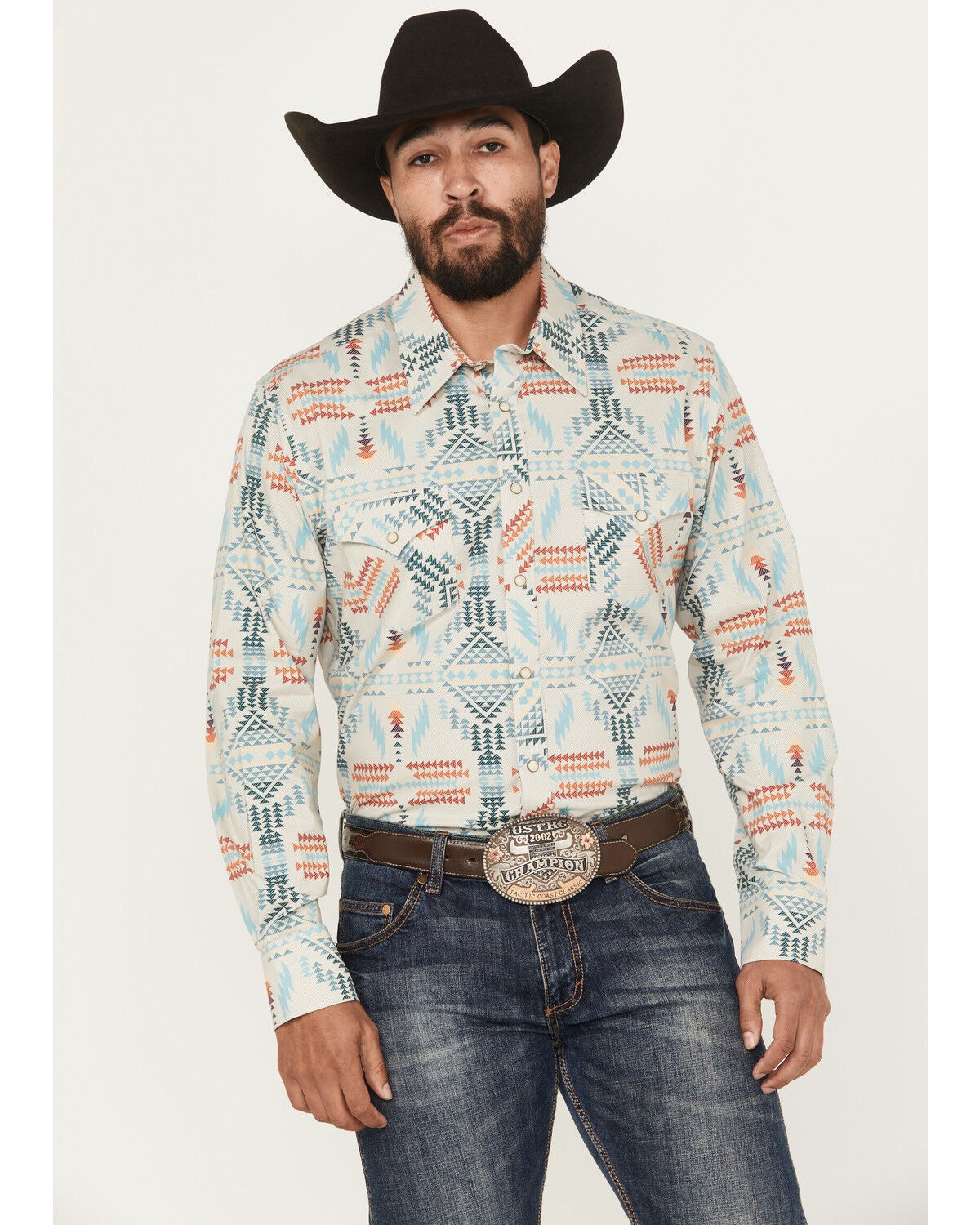 Rock & Roll Denim Men's Southwestern Long Sleeve Snap Stretch Western Shirt, Natural, hi-res