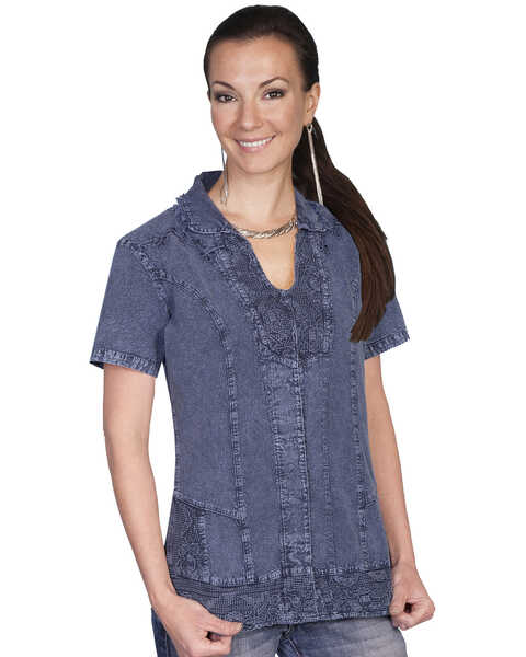 Scully Button Front Short Sleeve Top, Dark Blue, hi-res