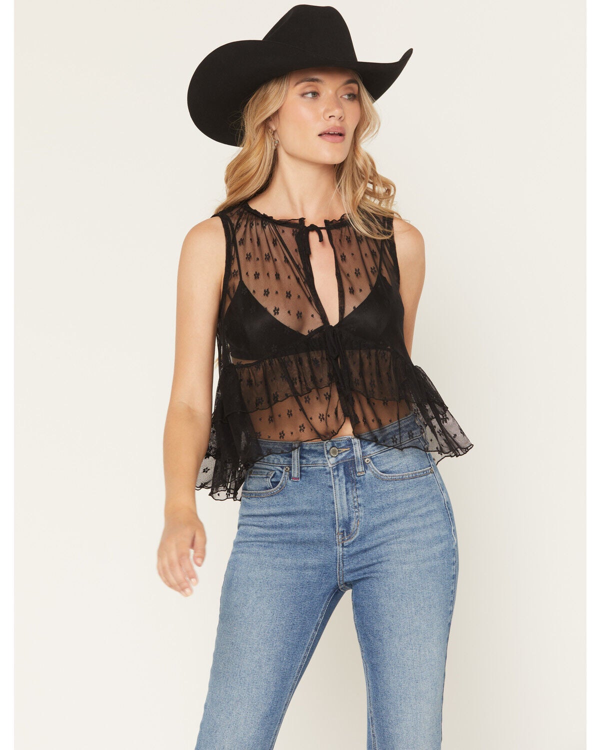 Originality Women's Lace Tie-Front Sleeveless Ruffle Top, Black, hi-res