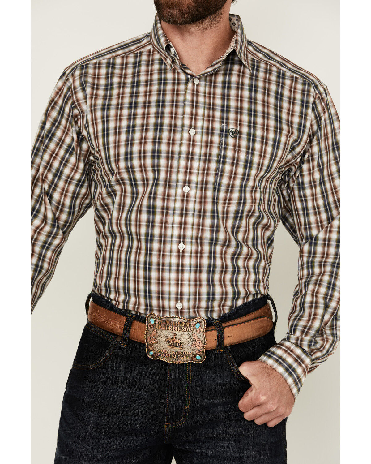Image #3 - Ariat Men's Wrinkle Free Folk Plaid Print Long Sleeve Button-Down Western Shirt, Brown, hi-res