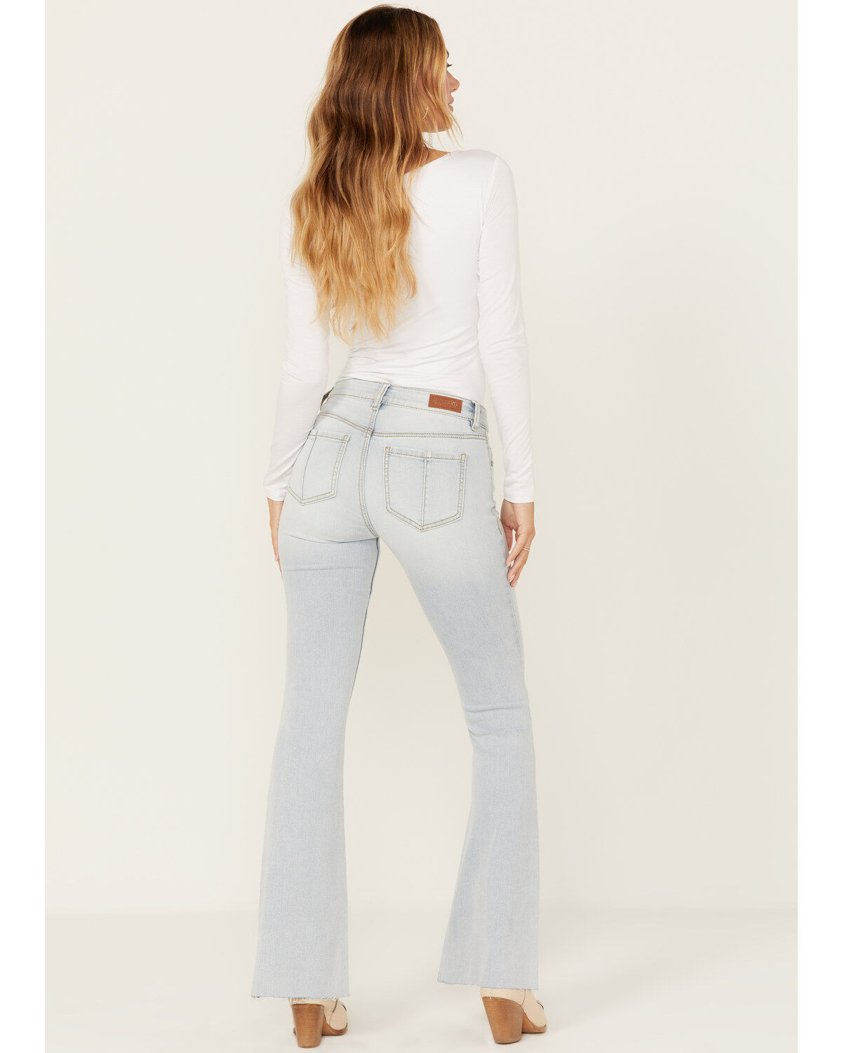 Product Name:  Shyanne Women's Agave Light Wash Mid Rise Destructed Stretch Flare Jeans