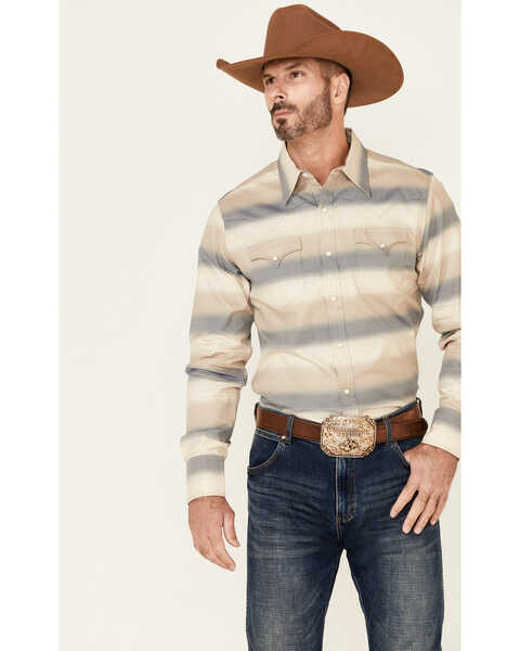 Stetson Men's Cream Ombre Stripe Long Sleeve Snap Western Shirt , White, hi-res