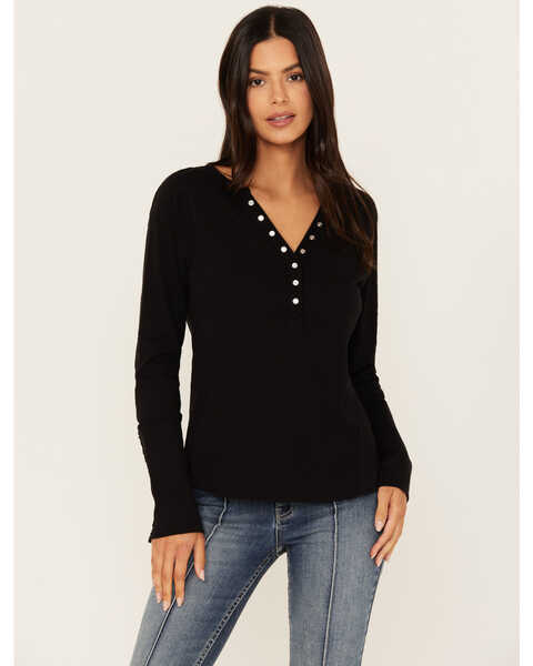 Idyllwind Women's Pearl Knit Henley Shirt, Black, hi-res