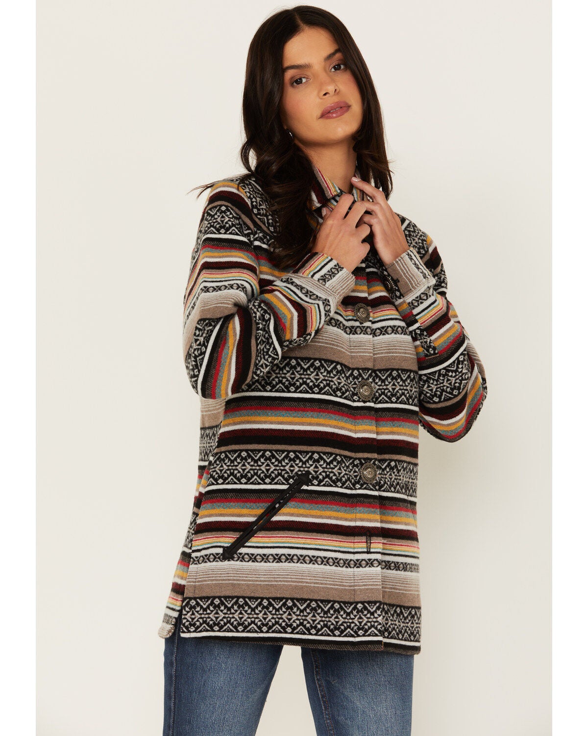 Cruel Girl Women's Serape Stripe Western Button-Down Shacket, Black, hi-res