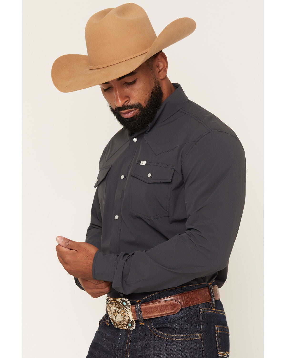 Image #2 - Ferrell Men's Tek Solid Long Sleeve Snap Performance Western Shirt, Charcoal, hi-res