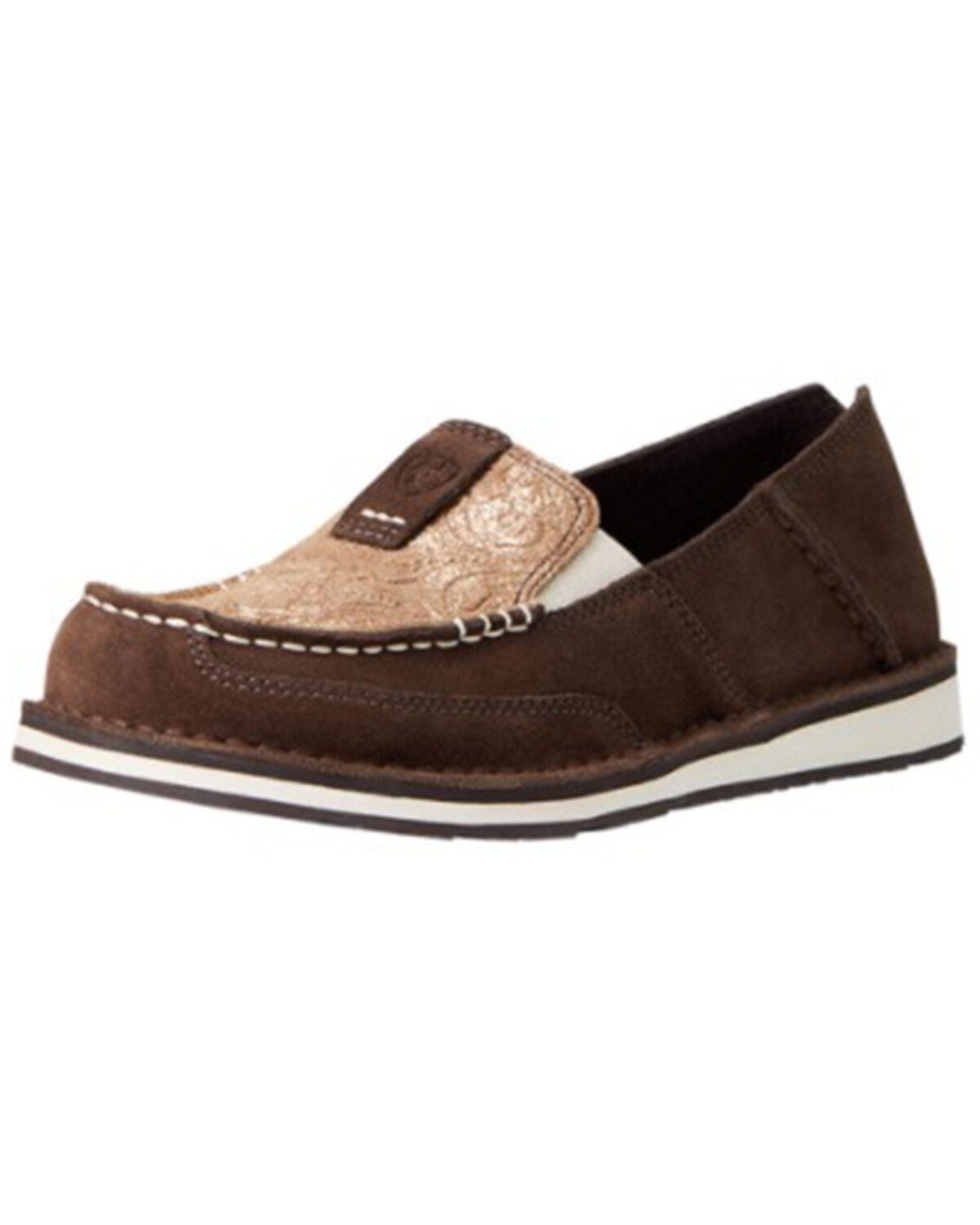 Ariat Women's Suede Floral Metallic Casual Slip-On Cruiser - Moc Toe, Brown, hi-res