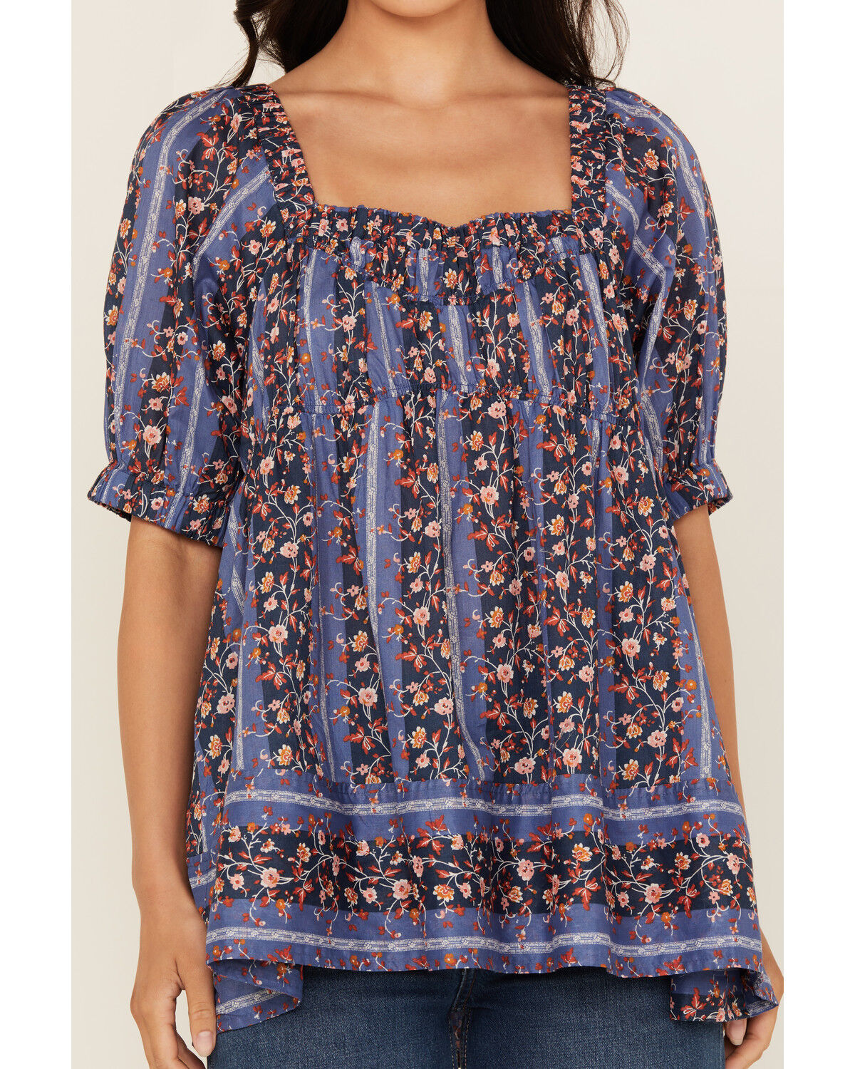 Image #3 - Free People Women's Vintage Lover Floral Print Short Sleeve Blouse, Blue, hi-res