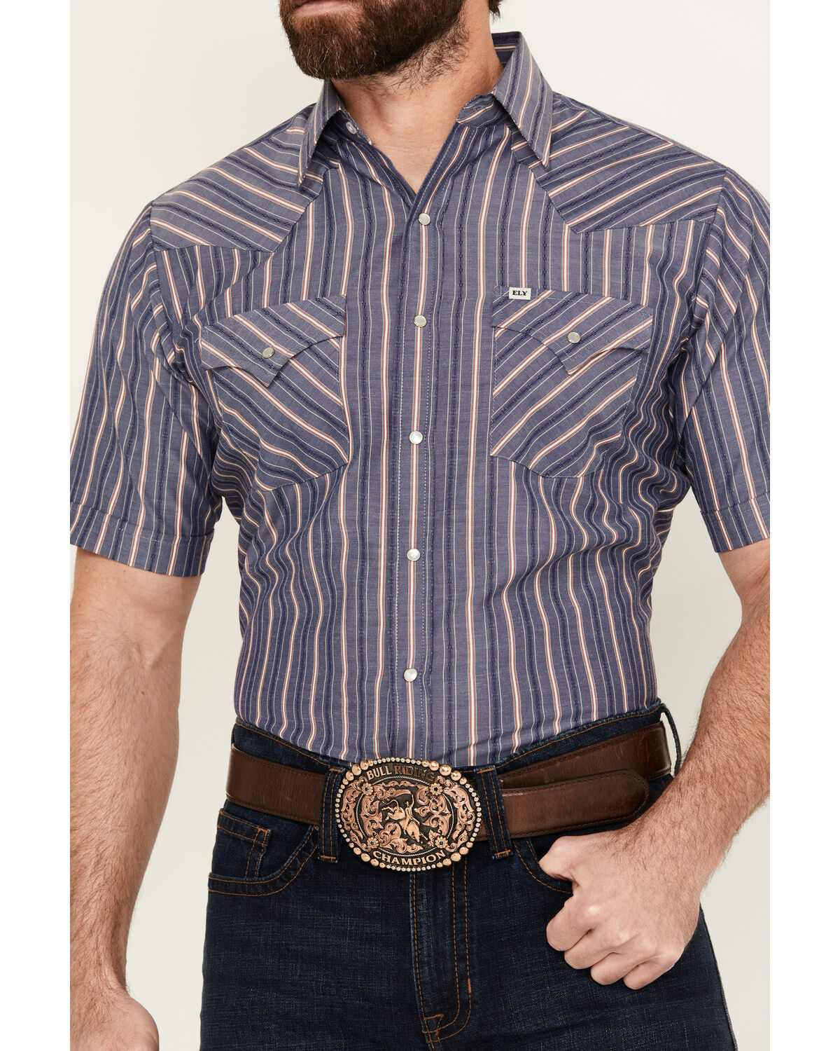 Image #3 - Ely Walker Men's Dobby Striped Print Short Sleeve Snap Western Shirt, Blue, hi-res
