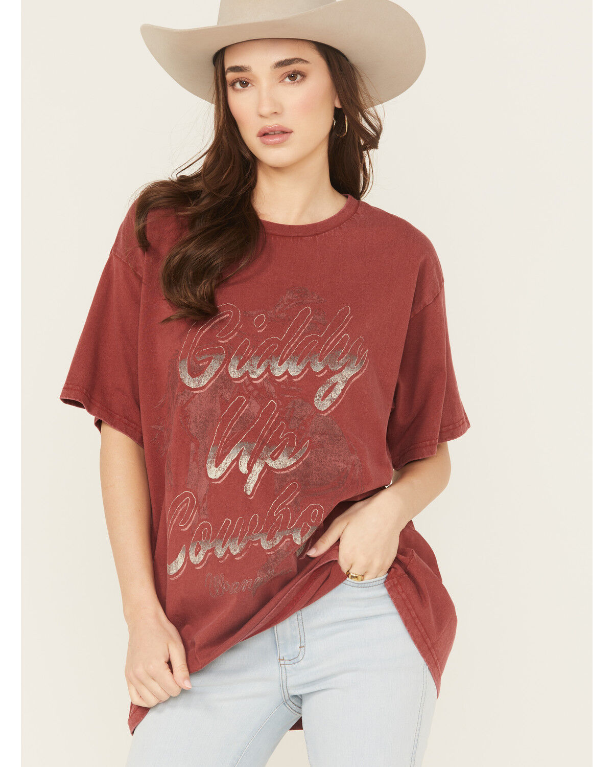 Image #1 - Wrangler Women's Giddy Up Short Sleeve Oversized Graphic Tee, Rust Copper, hi-res