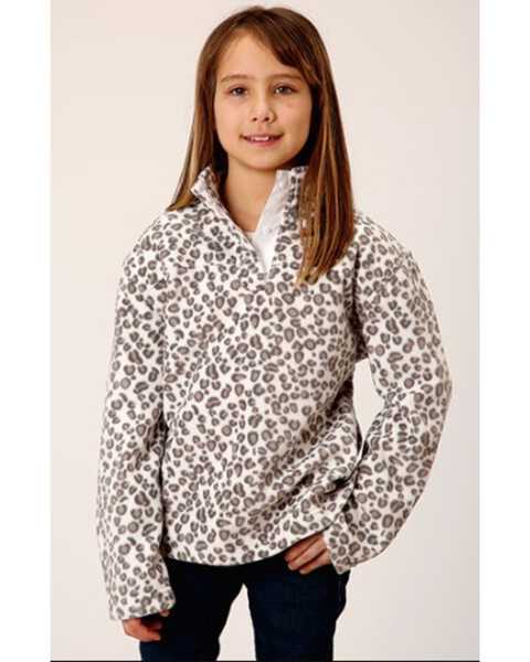 Roper Girls' Leopard Print Micro Fleece Pullover, White, hi-res