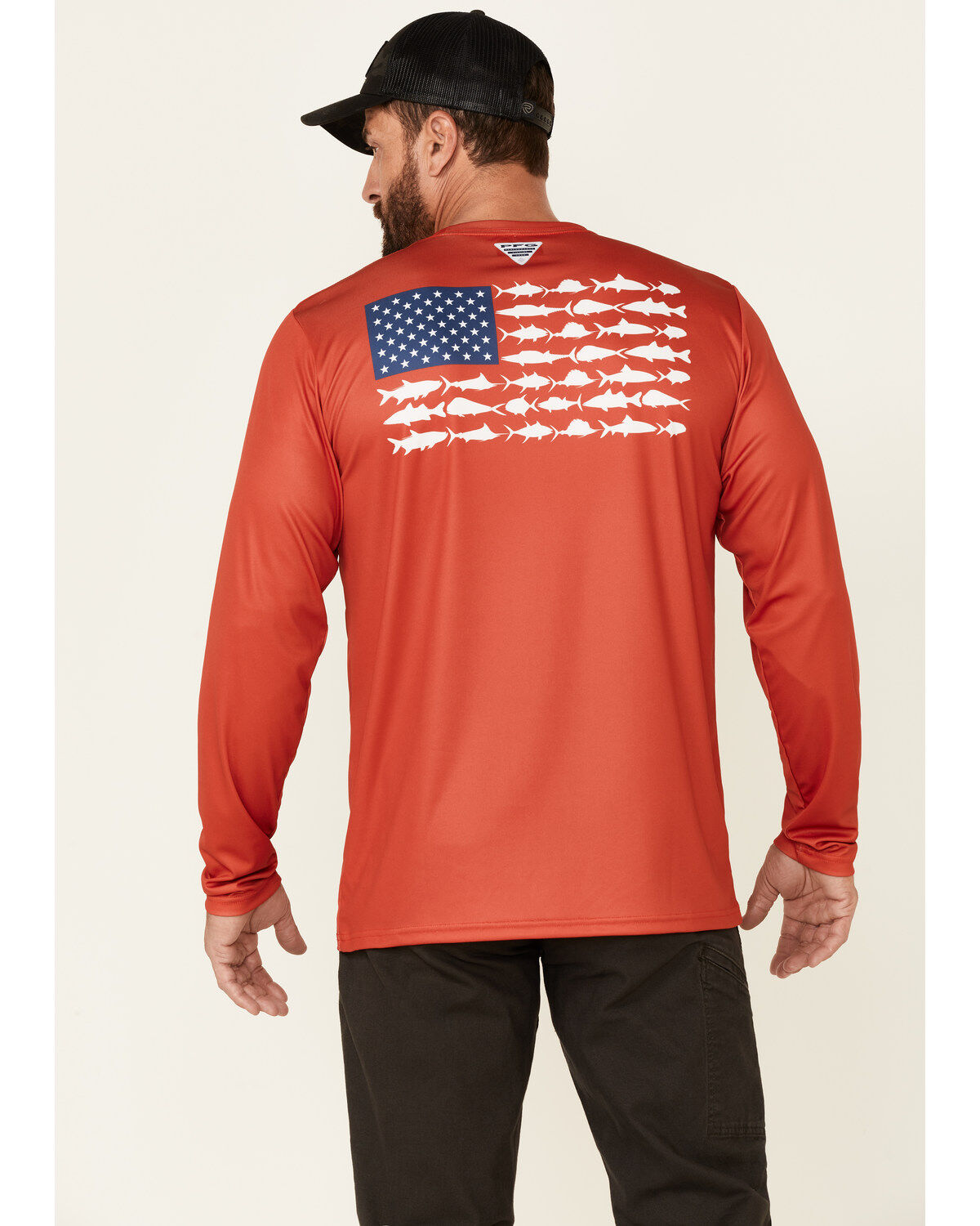 Image #1 - Columbia Men's Red Tackle Flag Back Graphic Long Sleeve T-Shirt, Red, hi-res