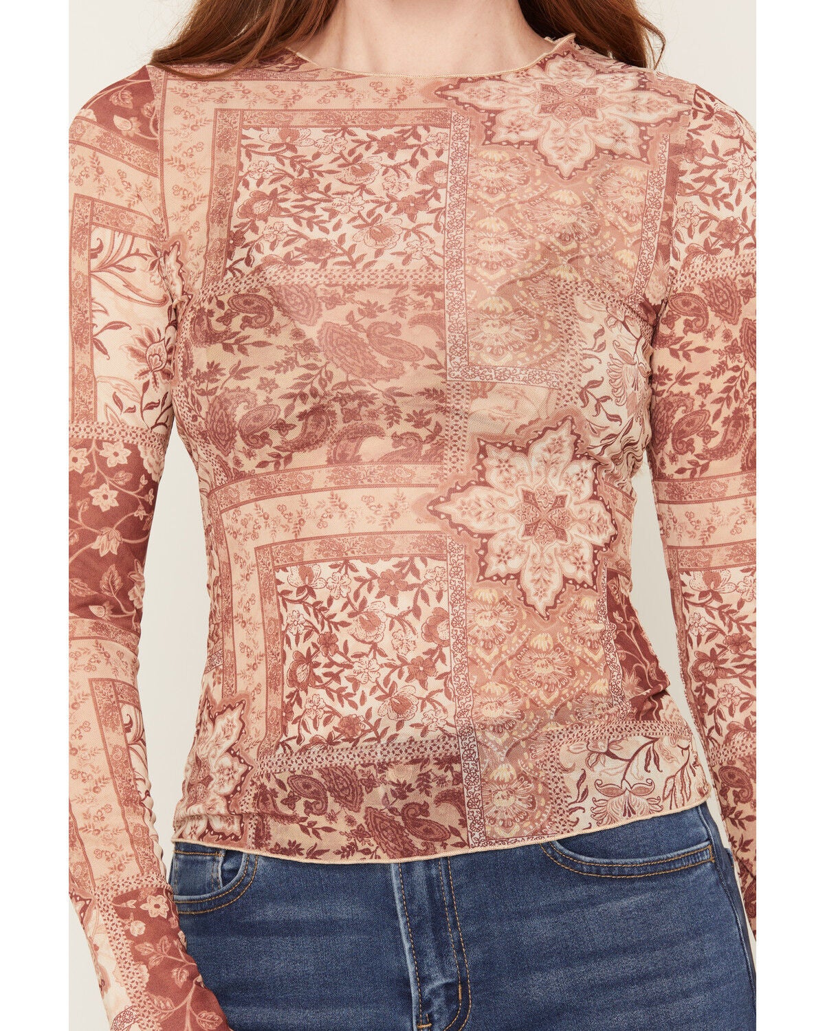 Image #3 - Trixxi Women's Bandana Print Long Sleeve Mesh Shirt, Rust Copper, hi-res