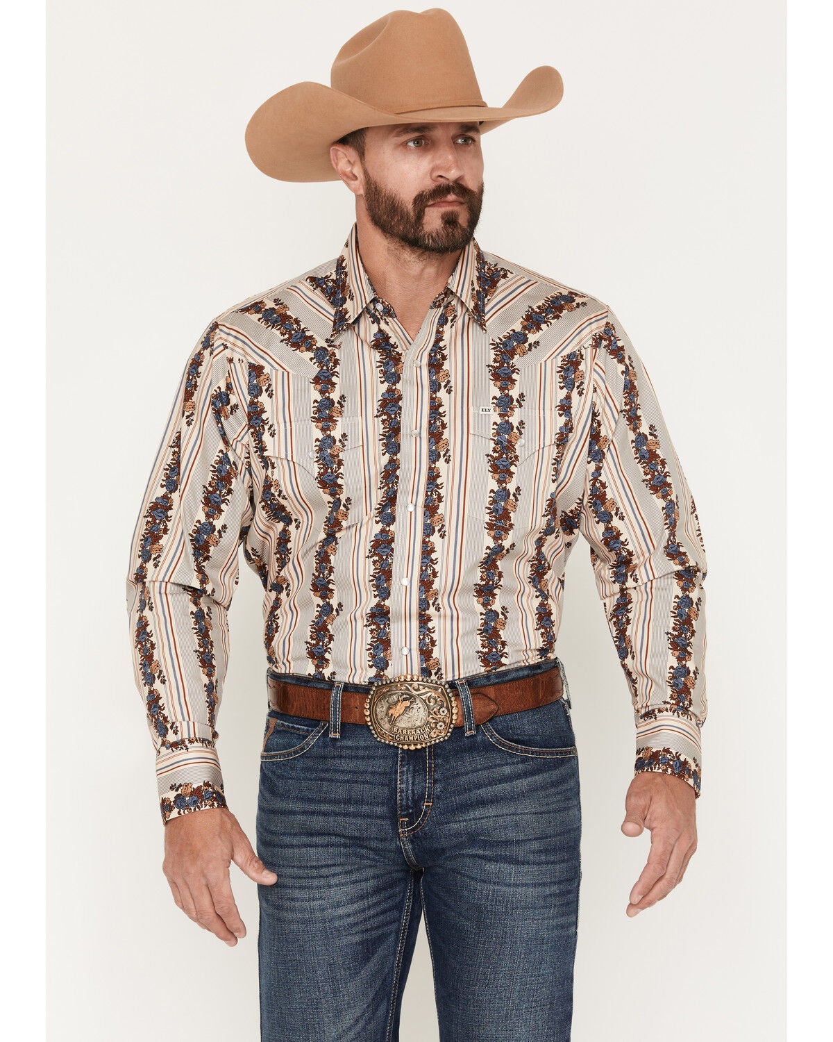 Image #1 - Ely Walker Men's Wallpaper Floral Print Long Sleeve Pearl Snap Western Shirt, Cream, hi-res
