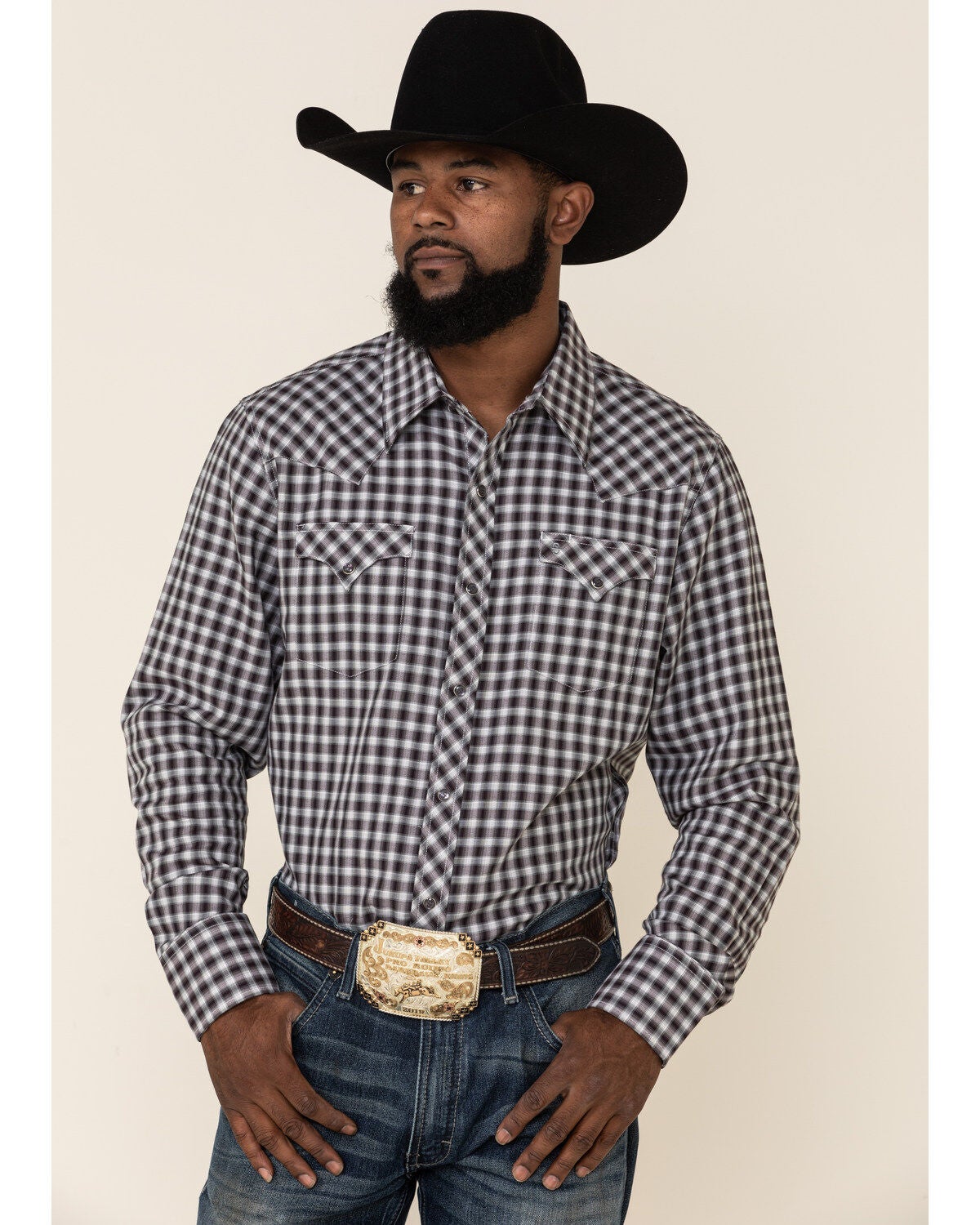 Stetson Men's Original Rugged Ombre Check Twill Plaid Long Sleeve Western Shirt, Burgundy, hi-res