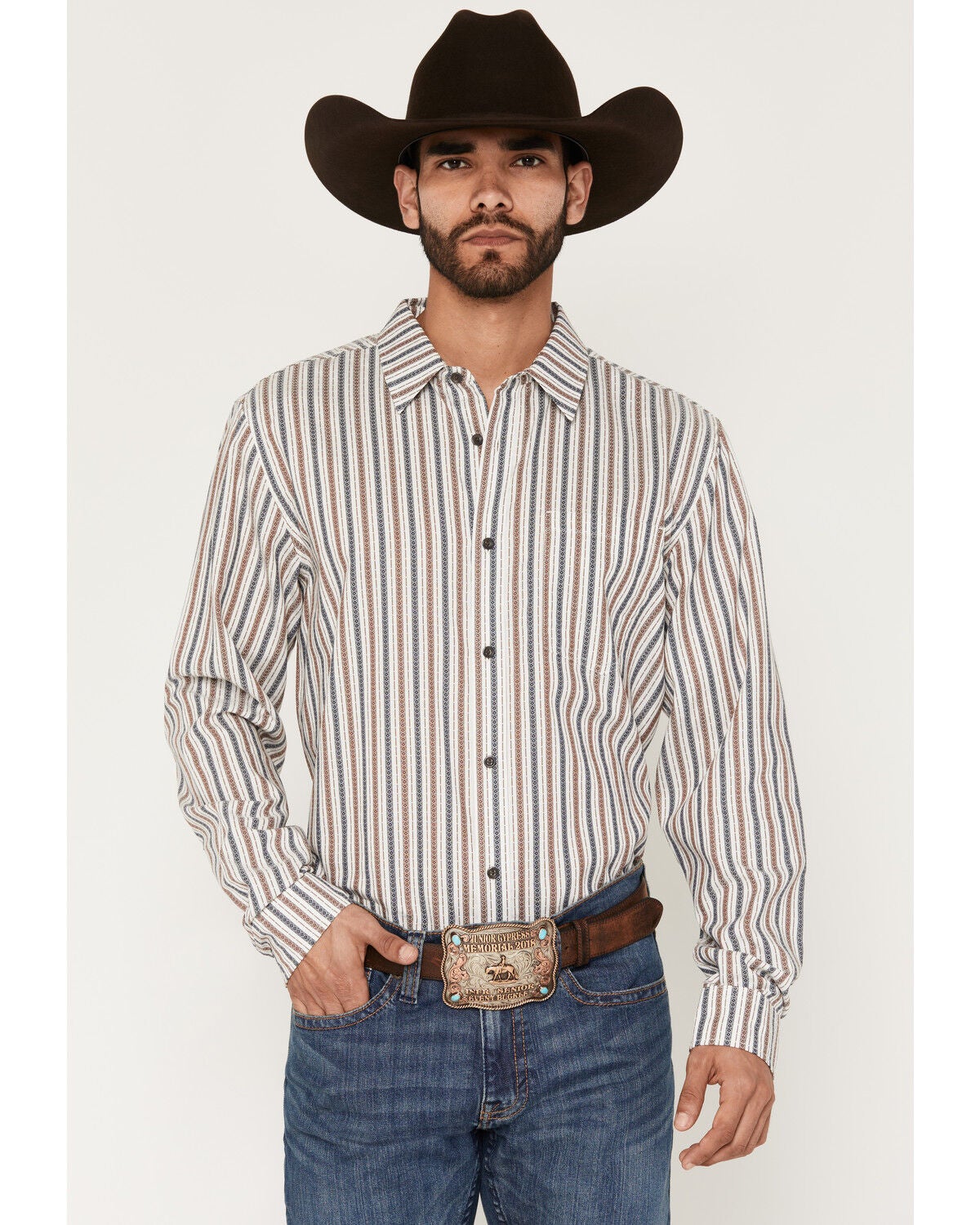Gibson Trading Co Men's Stonestripe Vertical Striped Print Long Sleeve Button-Down Western Shirt, Natural, hi-res