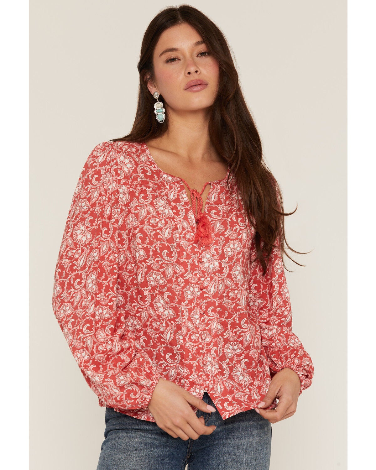 Panhandle Women's Floral Paisley Print Long Sleeve Peasant Top, Red, hi-res