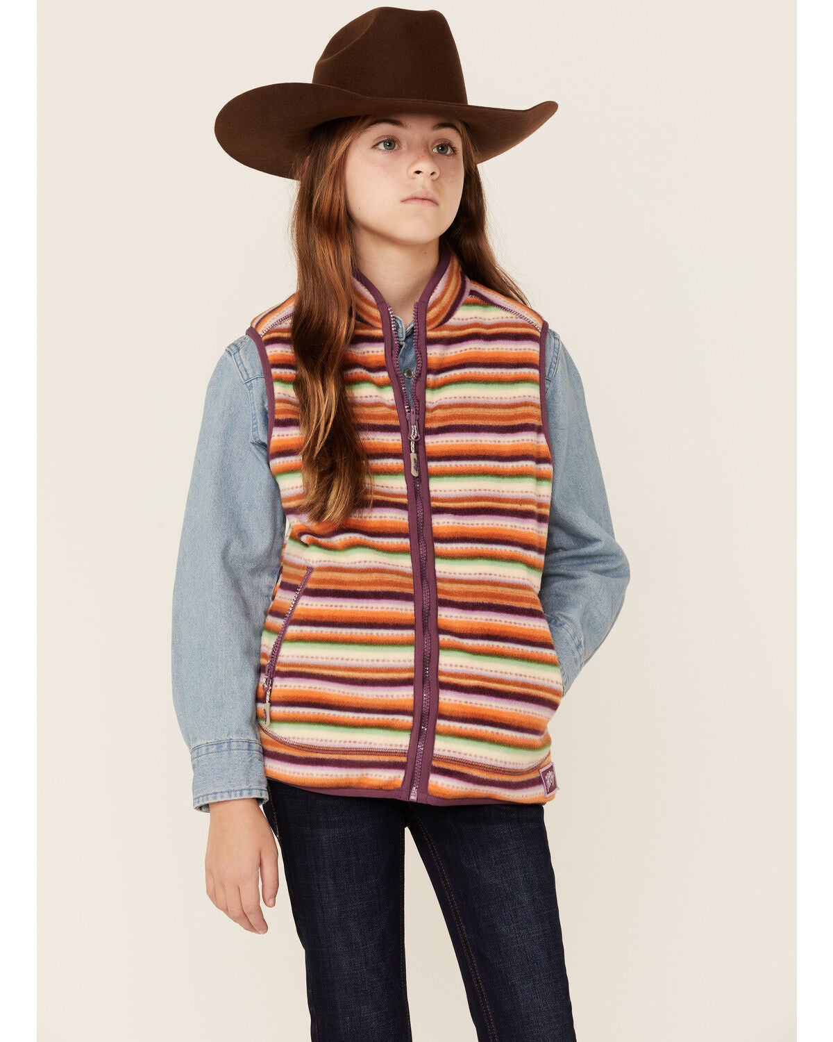 Hooey Girls' Serape Print Reversible Zip-Front Fleece Vest, Purple, hi-res