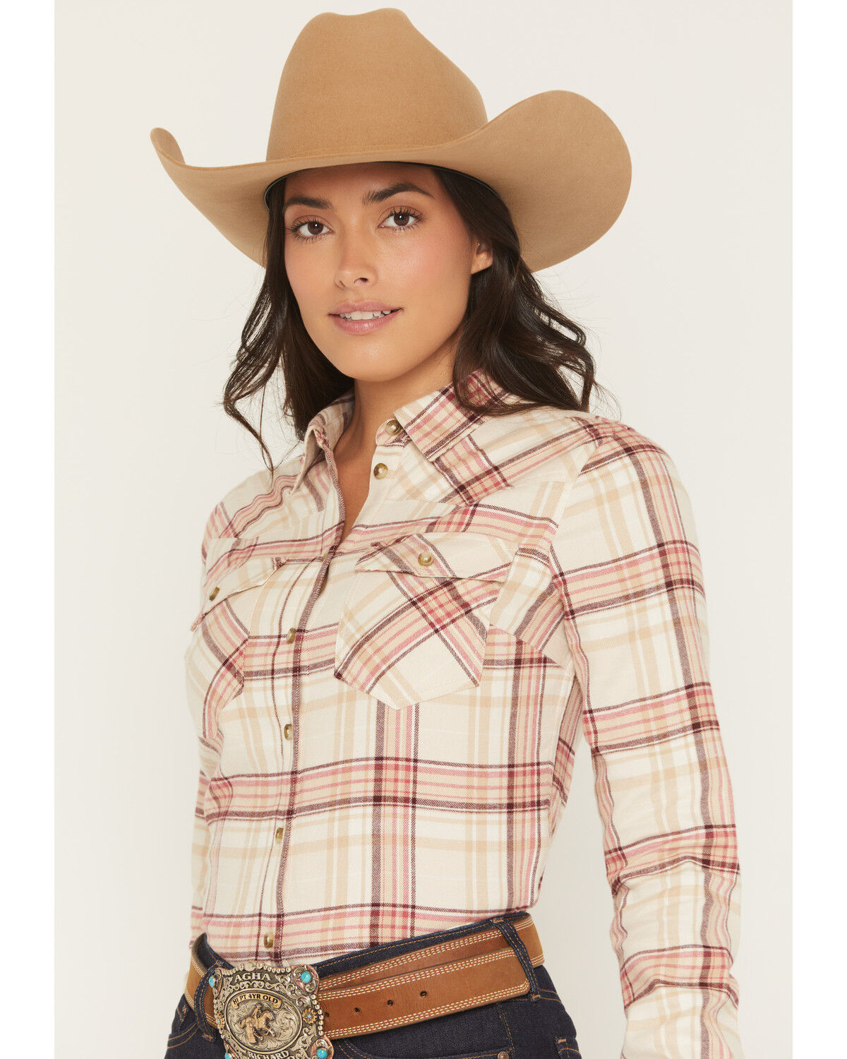 Image #4 - Shyanne Women's Lakecreek Steer Head Plaid Print Long Sleeve Button-Down Flannel Shirt, Dark Pink, hi-res