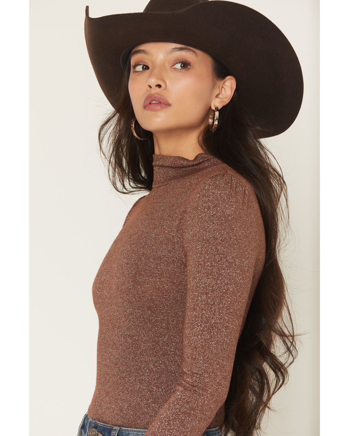 Image #2 - Rock & Roll Denim Women's Sparkle Long Sleeve Shirt, Brown, hi-res