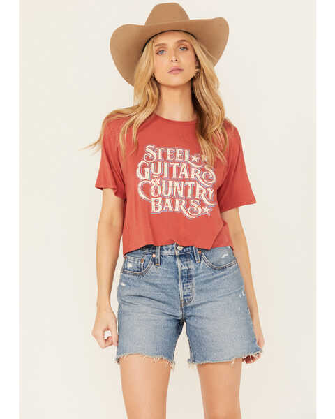 Rock & Roll Denim Women's Steel Guitars & Country Bars Short Sleeve Cropped Graphic Tee, Red, hi-res