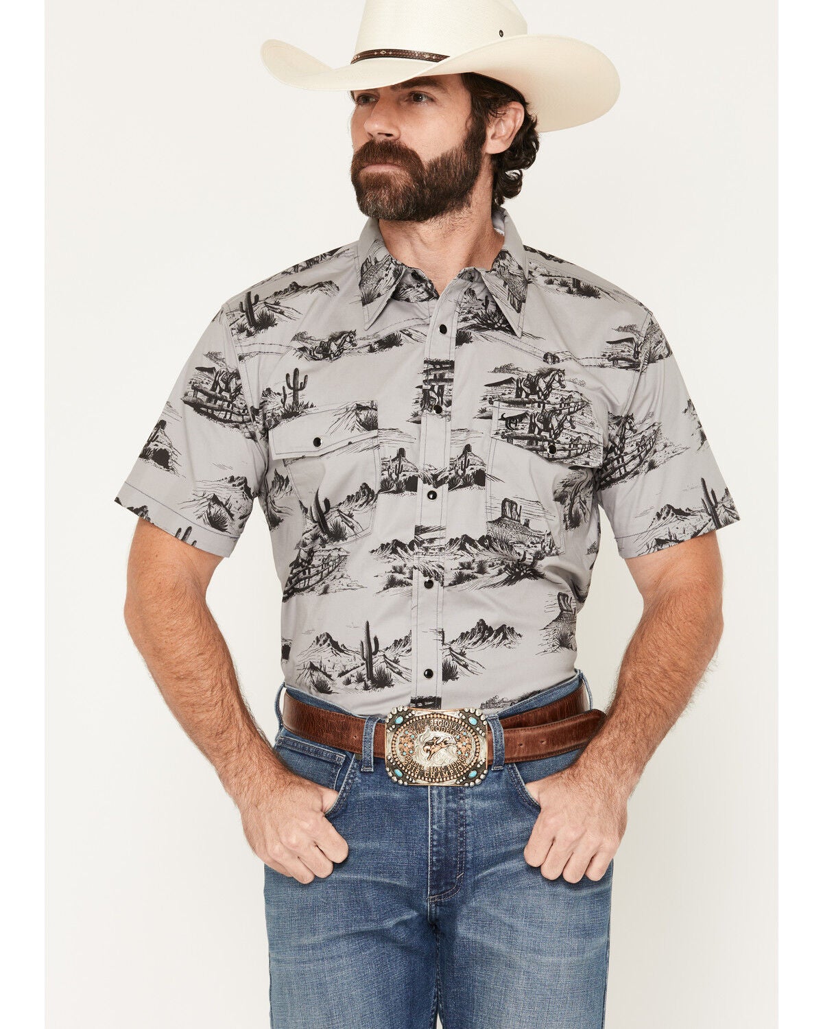 Image #1 - Cowboy Hardware Men's Boot Barn Exclusive Western Scenery Short Sleeve Snap Stretch Western Shirt, Charcoal, hi-res