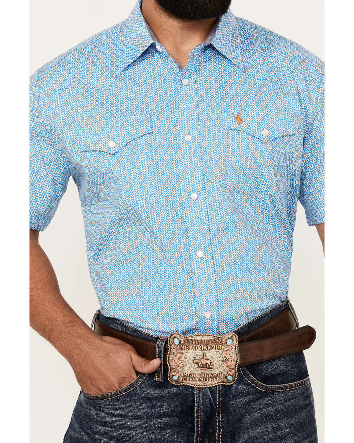 Image #3 - Rodeo Clothing Men's Boot Barn Exclusive Geo Print Short Sleeve Snap Western Shirt, Blue, hi-res