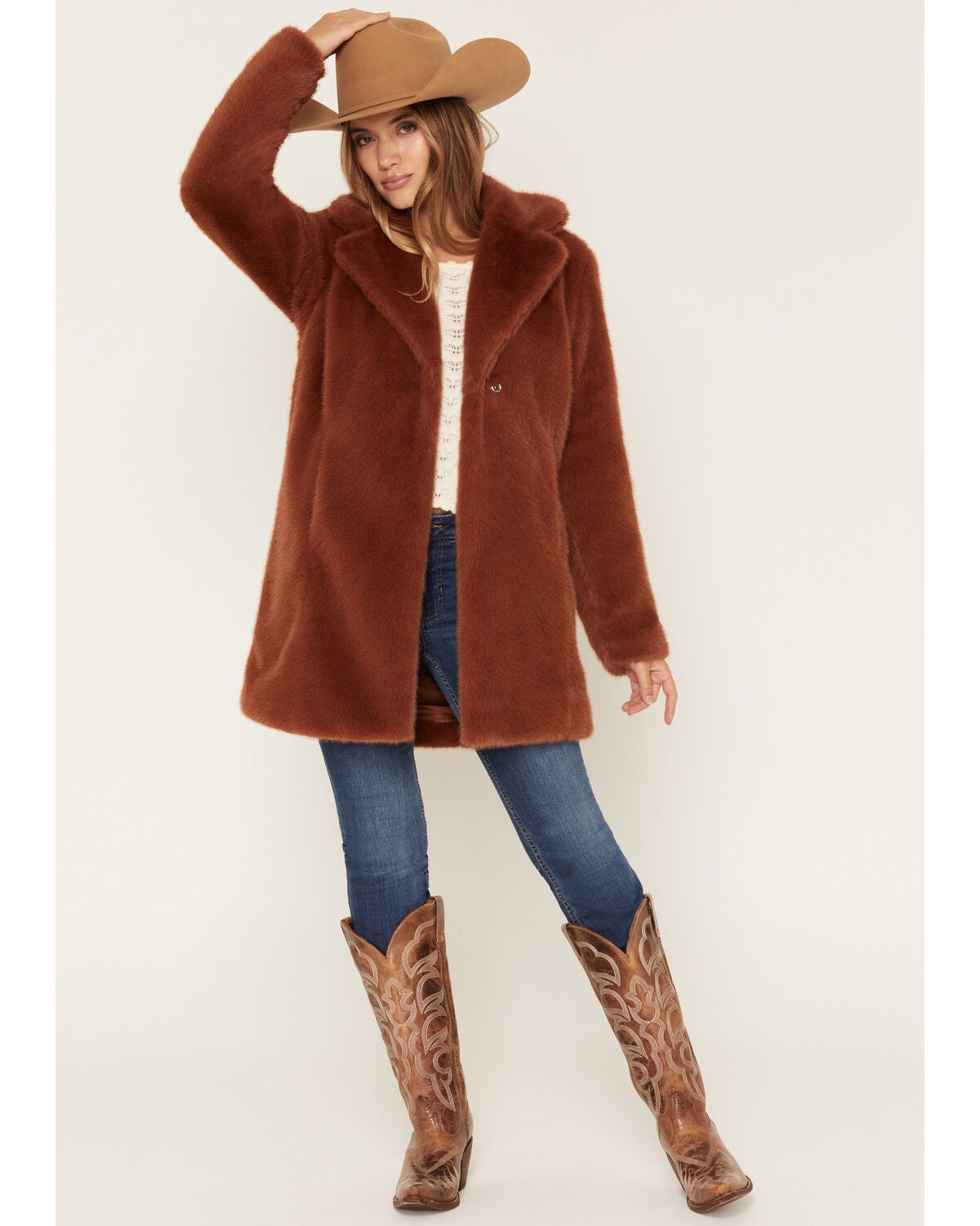 Shyanne Women's Elowen Faux Fur Snap Coat, Brown, hi-res